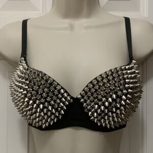 Pleasure Bound Spiked Bra 34C Black Silver Cone Spike Studded Punk Goth Rave
